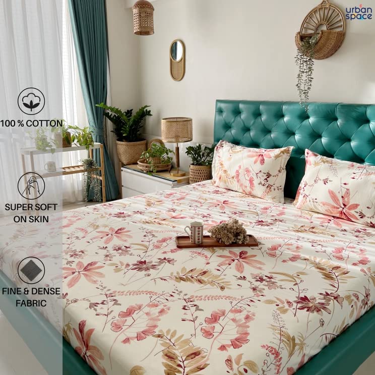 Urban Space Serene 200 TC 100% Cotton Elastic Fitted Bedsheet King Size, Fitted bedsheets King Size 78 x 72 with 2 Pillow Covers (Size 72 x 78 inches, Floral Feast Peach)