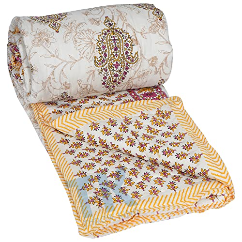 THROW KING Rajasthani Traditional Floral Desing Pure Cotton Single Bed Jaipuri Razai/Rajai/A/c Quilt/Blanket/Dohar/Comforter (Maroon/Yellow)(Size 60X90)