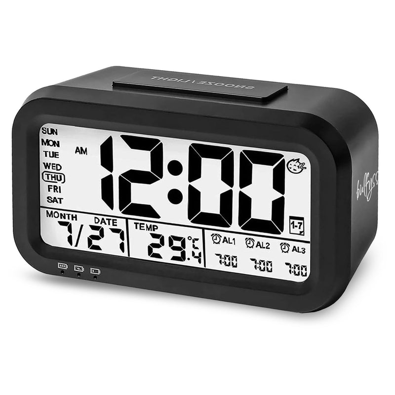 Bulfyss USB Rechargeable Digital Alarm Clock, Date, Temperature, Backlight LCD Display Smart Clock with 3 Alarms Bedroom Table Desk (Black)