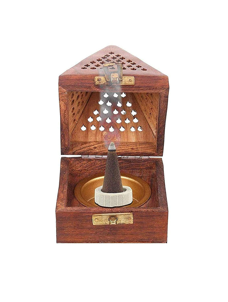 WOOD ART STORE Wooden Pyramid Shape Incense Box Hoder Stand | Wooden Agarbatti Stand with ash Catcher for Home Office | Incense Sticks Holder (Medium)