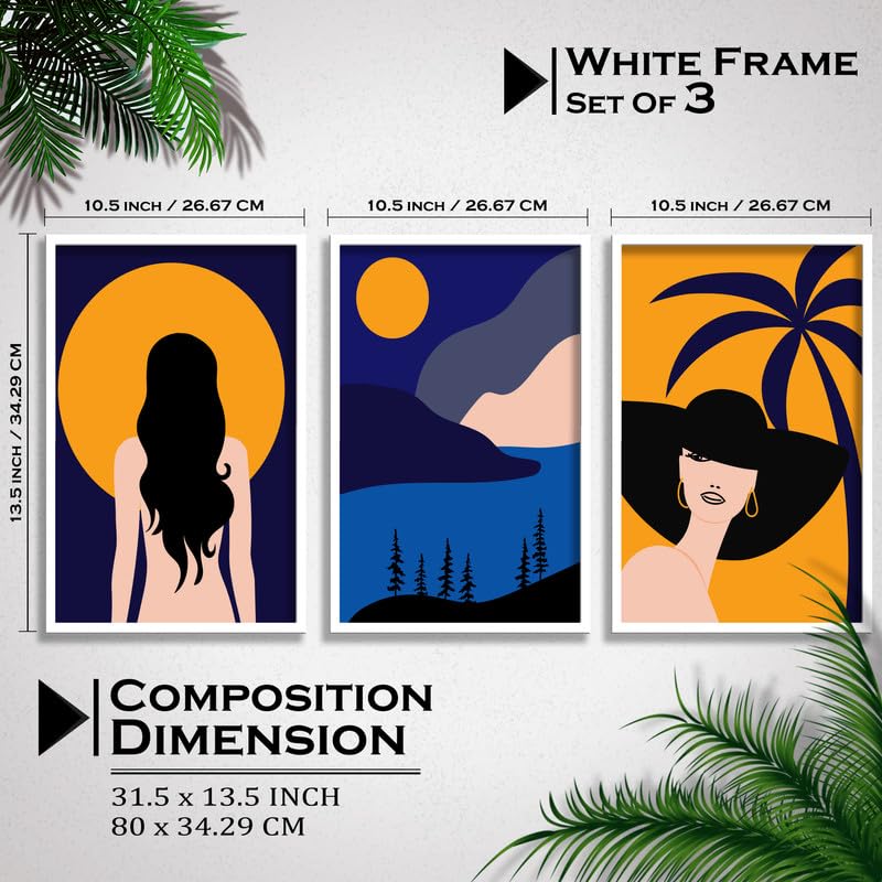 SAF paintings Set of 3 Abstract ladies Boho modern art design Premium white Framed Bohemian wall painting for for Wall, Home and Living Room Decoration 80 cms x 34.29 cms COMBO-2124-K3