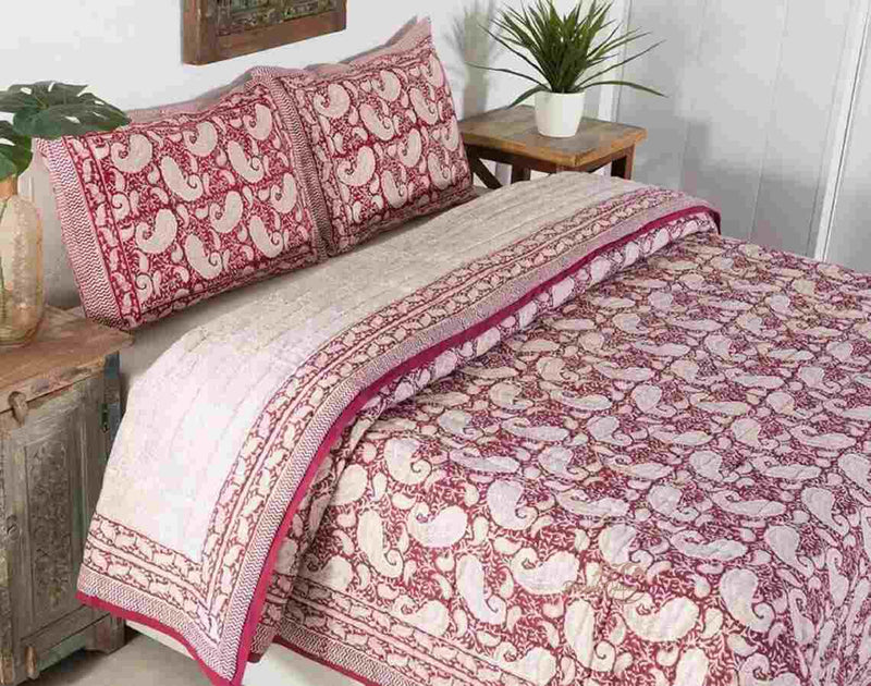 FEELRAX Organic Pure Cotton 350 TC Reversible Hand Block Quilt Jaipuri Razai Pink Butta (King Size 108X108 Inches)