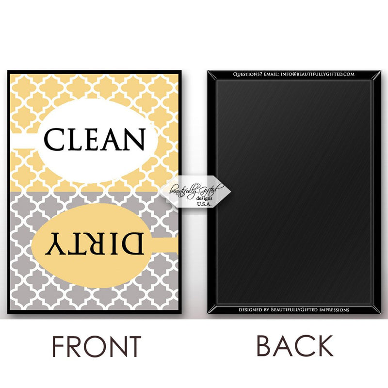 Clean Dirty Dishwasher Magnet Sign for Dishes - Elegant Quatrefoil Moroccan Trellis Modern Pattern - Grey Yellow - 2.5 x 3.5 - Housewarming and Gag Gift Idea / Stocking Stuffers for Men Women & Teens