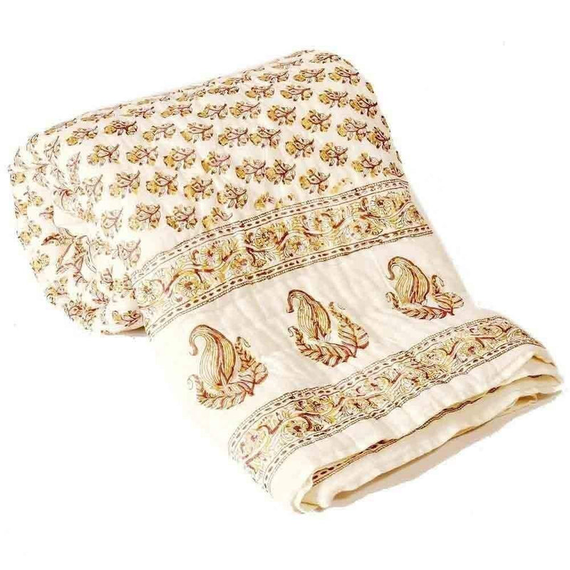 Namaste India Quilts Silk RAZAI Gold Elephant Printed Double Bed Quilt (Beige)