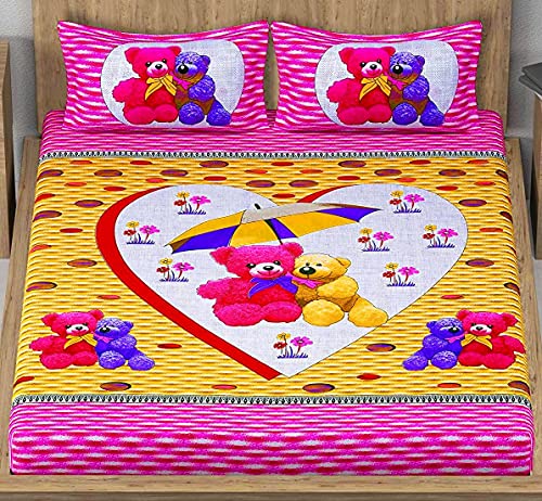 AC FASHION Rajasthani Jaipuri Traditional Sanganeri Teddy Print 280 TC 100% Cotton Double Size Bedsheet with 2 Pillow Covers (Pink)