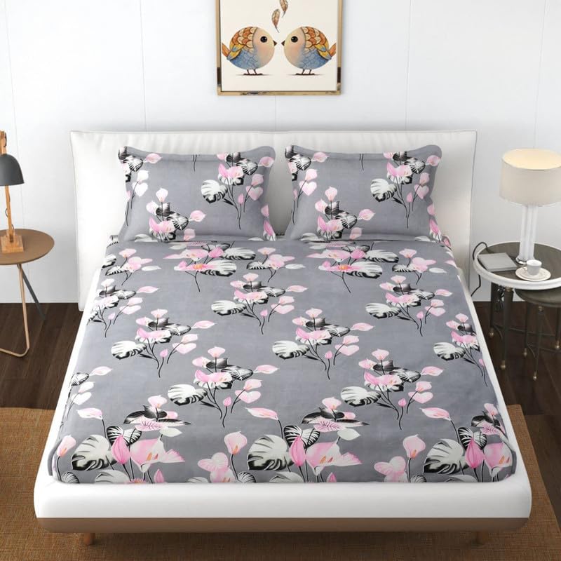 Amvy Creation Prime Collection 160TC Supersoft Glace Cotton Elastic Fitted King Size Double Bedsheet with 2 Pillow Covers (Multicolour, Size 72 x 78 Inch) - Grey Bail-Fitted