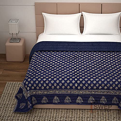 HOPEE Shop 400 TC Pure Cotton Fabric/Filling Rajasthani Traditional Designs Printed Light Weight Jaipuri Double Bed Quilt/Razai/Rajai - Blue (85X100 INCHES