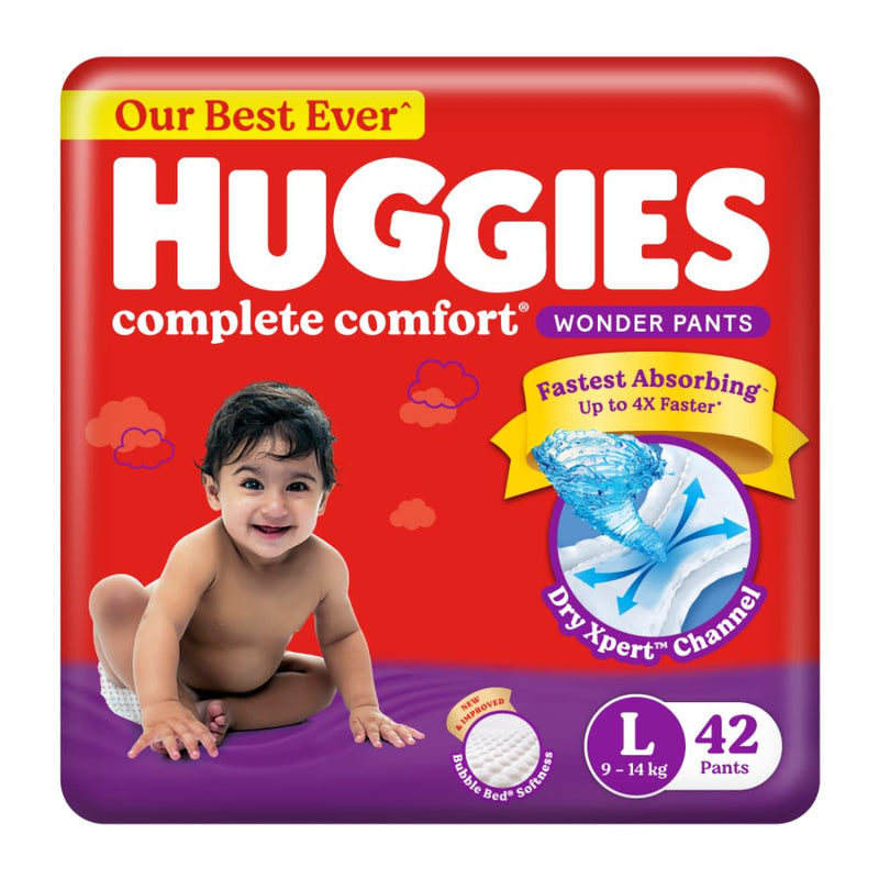 Huggies Complete Comfort Wonder Pants Large (L) Size (9-14 Kgs) Baby Diaper Pants, 42 count| India's Fastest Absorbing Diaper with upto 4x faster absorption | Unique Dry Xpert Channel