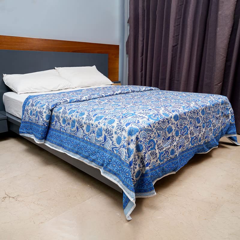 Inizio 100% Cotton Reversible Warm AC Dohar Double Bed Size | Jaipuri Printed Artisan Block Design Bed Blanket | Soft Quilt | Lightweight Summer/Winter - Blue