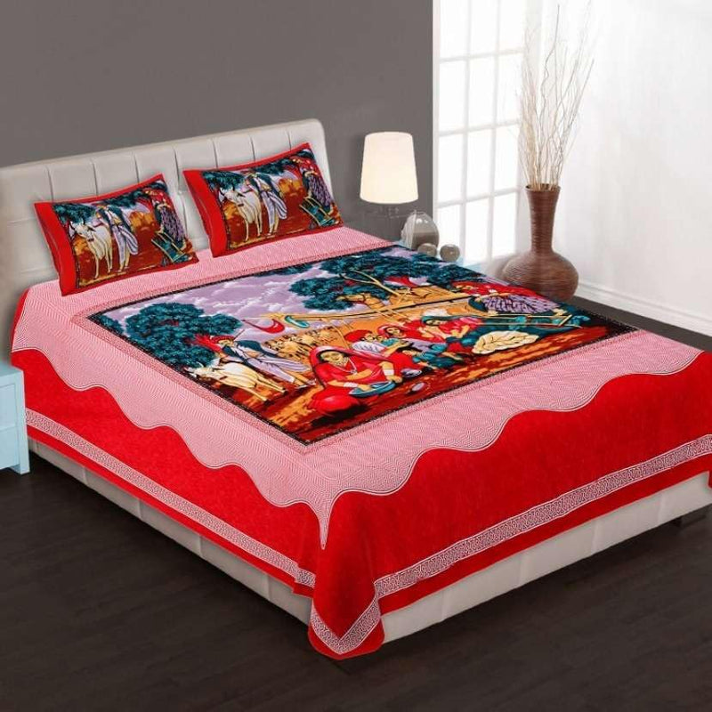 140Tc Pure Cotton Double BedSheet with Two Pillow Covers | 90 X 100 Inches |EXL-229|(Red)