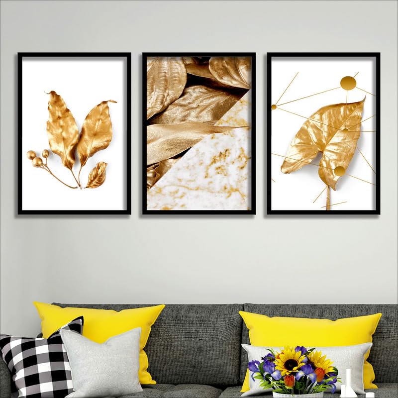 SAF paintings Set of 3 Golden Leaves Wall Painting for Home Decoration SA-BLACKMX33510