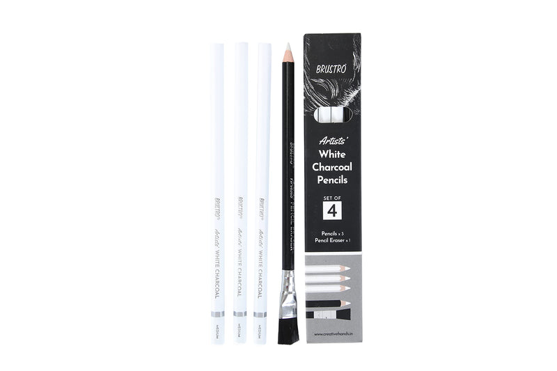 BRUSTRO Artists� White Charcoal Pencil Set of 3 + 1 pencil eraser