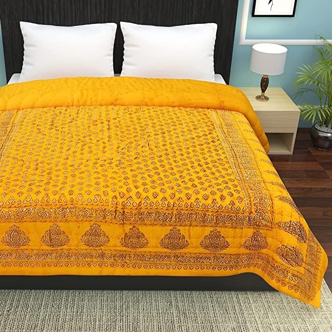 AQRATE Single Bed Organic Cotton Jaipuri Razai Bed Blanket Ac Quilt for Winter Soft Light Weight Rajasthani Traditional Rajai Cotton (Yellow Gold Butti, Single Bed)