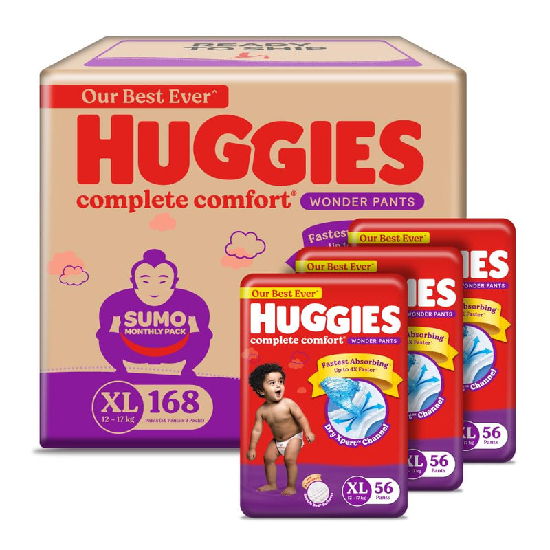 Huggies Complete Comfort Wonder Pants Extra Large (XL) Size (12-17 Kgs) Baby Diaper Pants, 168 count| India's Fastest Absorbing Diaper with upto 4x faster absorption | Unique Dry Xpert Channel