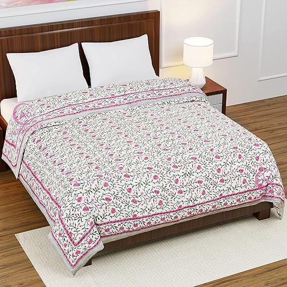 EMIOUR Pure Cotton 400 TC Hand Block Printed Jaipuri Quilt, Double Bed-90 x 108 cm, Multicolor (Design 2)