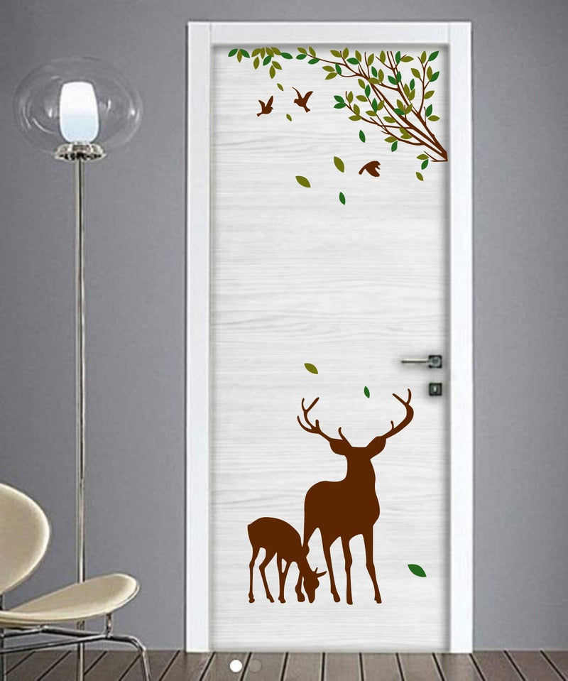 Sticker Studio Tree and Deer Door Sticker & Decal - PVC Vinyl, 58 CM X 48 CM | Removable, Easy to Apply, Waterproof