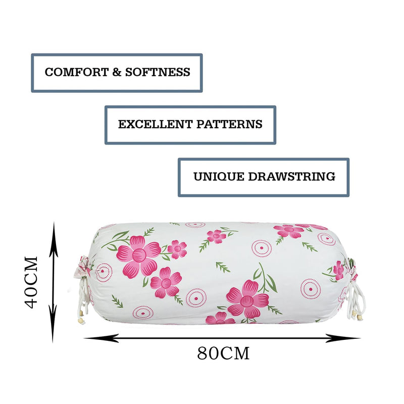 Kuber Industries Bolster Covers | Soft Cotton Bolster Cover Set | Bolster Pillow Covers | Pink Circle Flower Roll Masand Cover | Long Pillow Case | 16x32 Inch | Pack of 2 | White