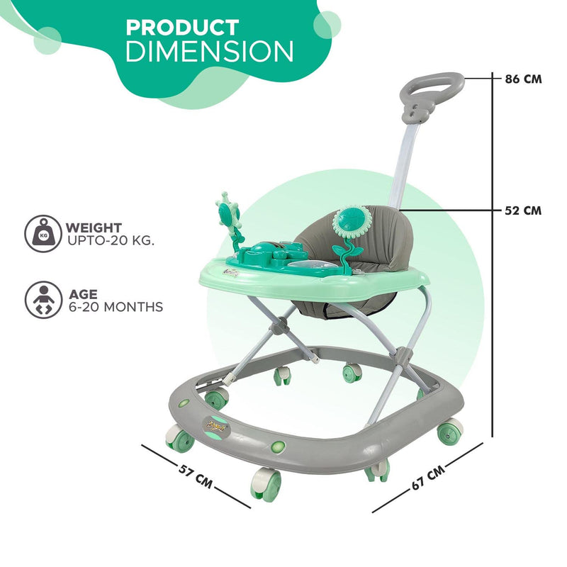 Dash Butterfly Deluxe Baby Walker with 3 Position Adjustable Height Music & Light & Parental Handle, Foldable Activity Walker, Baby 6-18 Months boy, Walker for Kids (Capacity 20kg | Green)