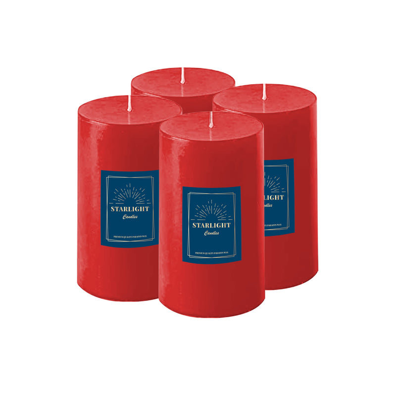 Starlight Candles® Paraffin Wax Pillar Candle | 5.0x7.5 cm | Hand Poured | Dripless | Unscented | Diwali Candle | 2x3 Inches (Pack of 4, Red)