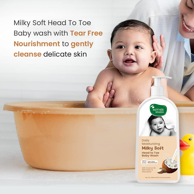 Mother Sparsh Milky Soft Head to Toe Baby Wash-400ml with Milk Protein & Shea Butter | Tear Free 2 in 1 Natural Baby Body Wash