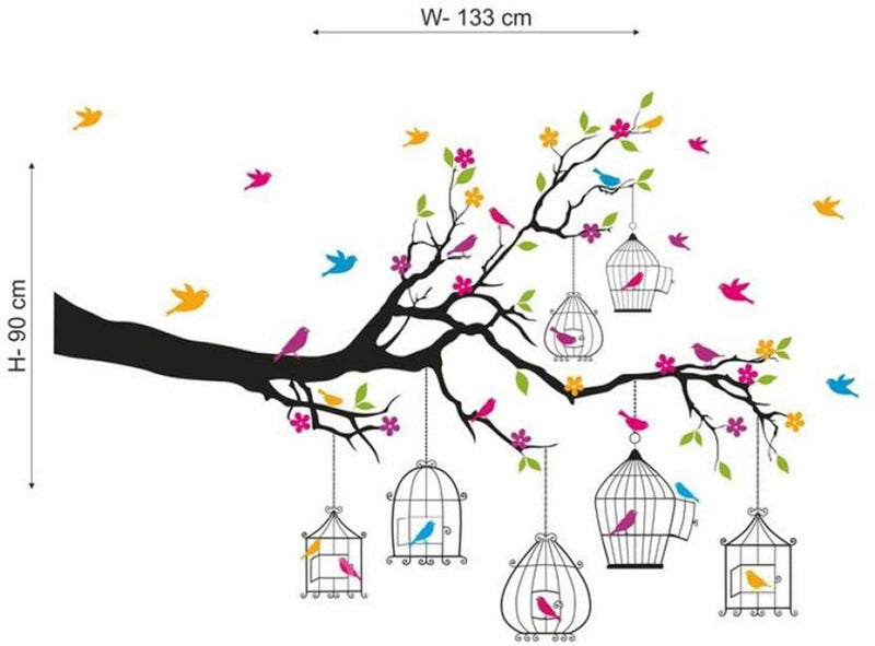 Merical Set of 4 Branches Flowers & BirdCages, Ekdant, Radhamadhav Jhula, Hanging Lamp, Wall Sticker for Wall D�cor, Living Room, Children Room