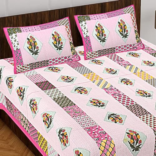 EarlyMart Floral 100% Cotton Rajasthani Jaipuri Bedsheet for Double Bed King Size with 2 Pillow Covers - (Jaipuri_BedCover28)