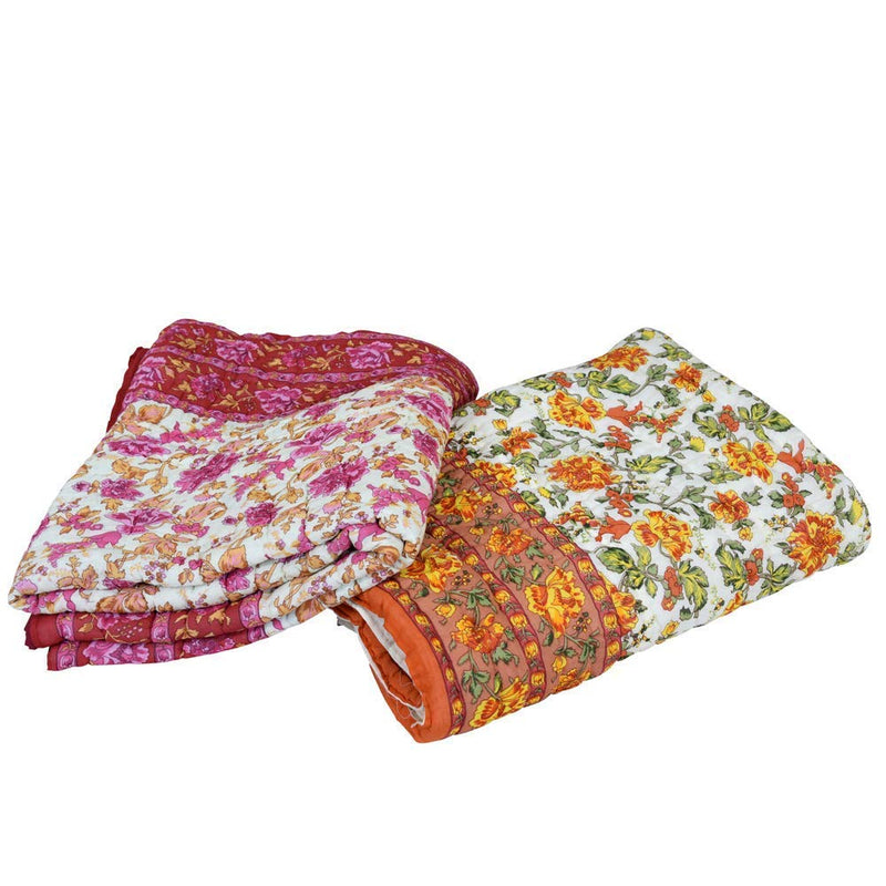 THROW KING Rajasthani Jaipuri Pure Organic Cotton Floral Printed Skin Friendly Single Bed AC Room's Blanket Jaipuri Razai/Rajai/Quilt/Blanket/Dohar (Beige/Pink) (Pack of-2)