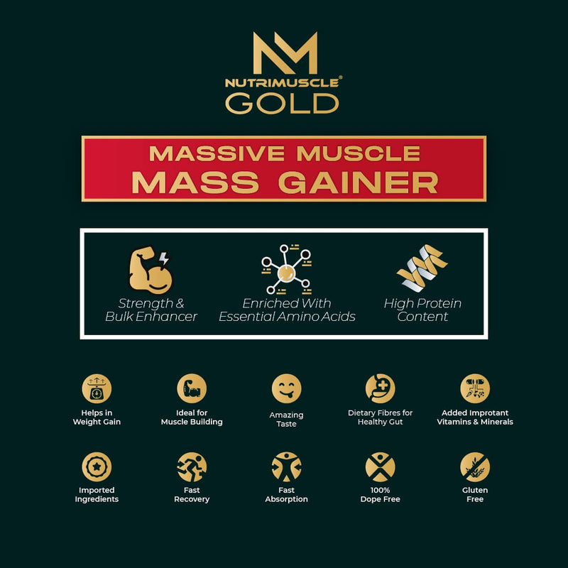 Nutrimuscle Massive Gold Muscle Mass Gainer - 7 Lbs - 3.175 Kgs Choco Treat | Weight Gainer | Contains Complex Carbohydrates, Bcaa, Digestive Enzymes & Essential Vitamins & Minerals | Made in India