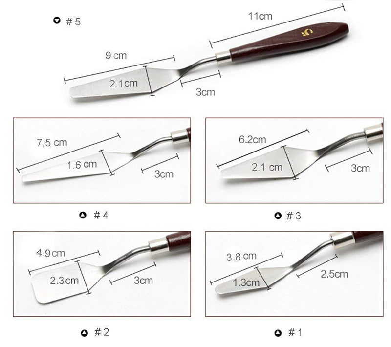 Qatalitic Set of 5 Palette Painting Knives of Various Sizes & Shapes, Stainless Steel Scraper Spatula Polished Brown Handle for Artist Canvas Oil Paint Color Mixing