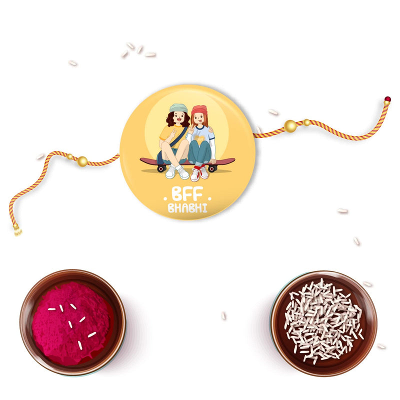 Bhai Please BFF Bhabhi Rakhi with Fridge Magnet for Bhabhi | Set of 1 pc with Roli/Kumkum- Chawal| Kids, Girls Designer, Fancy, Fun, Movie Rakhi Set| with Raksha Bandhan Greetings