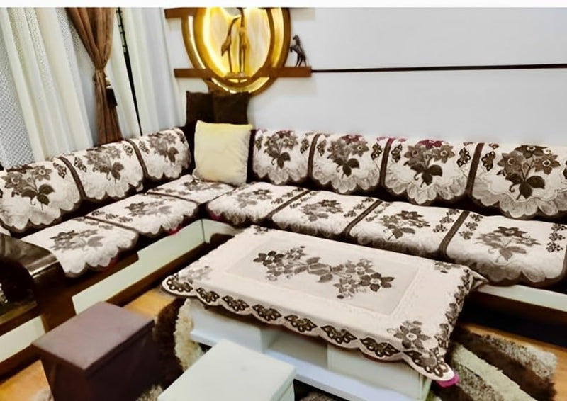 Ultica Fab Cotton Floral Printed Designer L Shape Sofa Cover Set (Slipcovers) with Table Cover for Your Home Long Sofa and Couch(3+4 Seater) (Set of 15)(Color-Brown)