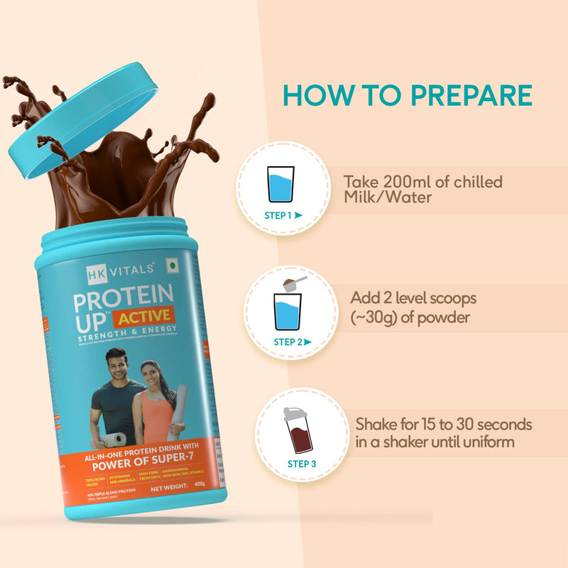 HealthKart HK Vitals ProteinUp Active,All in one triple blend protein for Strength, Immunity, and Stress-Relief (Chocolate, 400 g / 0.88 lb)