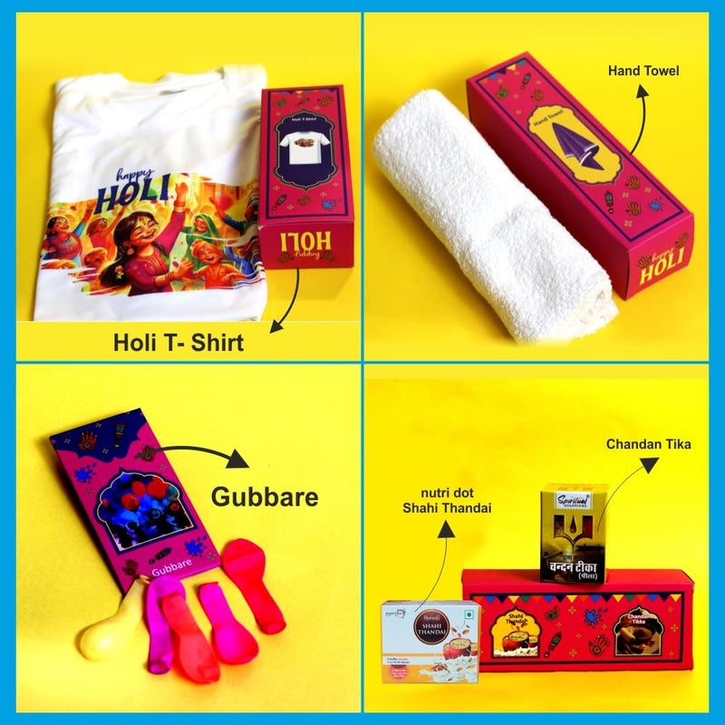 SPIRITUAL SOLUTIONS Holi Celebration Gift Box (HGB03) | Natural Herbal Gulal – Green, Pink, Red and Yellow | 2 Holi Cap | Holi T-Shirt | Gubbare | Chandan Tika | Shahi Thandai | Hand Towel