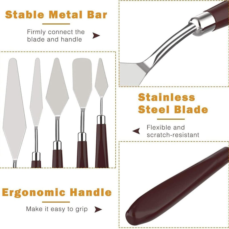 Qatalitic Set of 5 Palette Painting Knives of Various Sizes & Shapes, Stainless Steel Scraper Spatula Polished Brown Handle for Artist Canvas Oil Paint Color Mixing