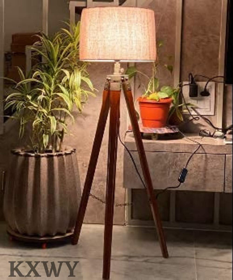 KXWY Tripod Floor Lamp for Living Room, Bed Room with Wooden Crafter Stand | Modern Decorative Tripod Lamp in Jute Shade Brown LED