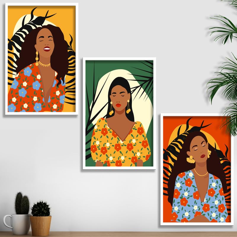 SAF paintings Set of 3 Abstract ladies Boho modern art design Premium white Framed Bohemian wall painting for for Wall, Home and Living Room Decoration 80 cms x 34.29 cms COMBO-2052-K3