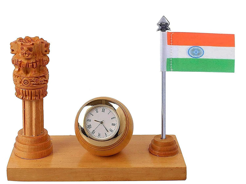 Khamma Ghanni Handicrafts Wooden Ashok Stambh with Clock and Indian Flag for Your Office Table I Teachers Gifting I Study Table I Desk Organizer I Computer Table I Showpiece