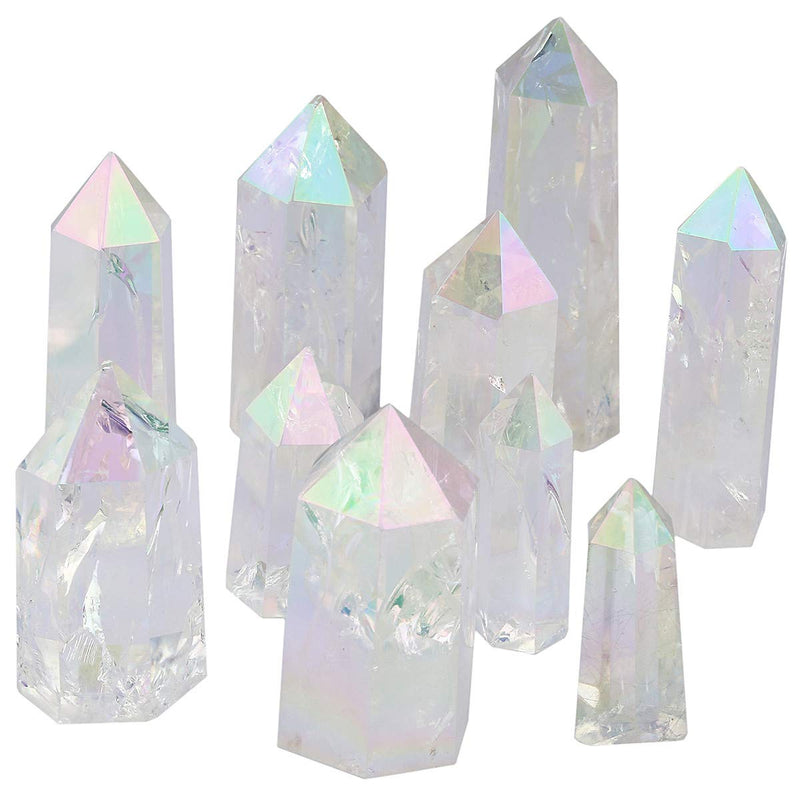 TUMBEELLUWA Healing Crystal Wands Quartz Points 6 Faceted Chakra Tumbled Stone Reiki Meditation Therapy,Rock Quartz,Angel Aura Titanium Coated