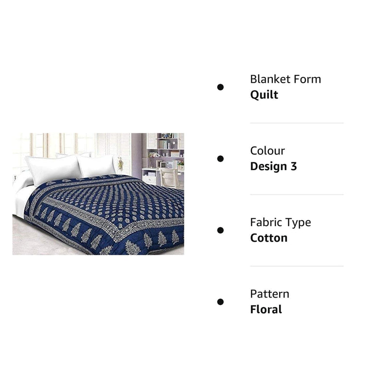 AQRATE World Famous Jaipuri Light Weight Pure Cotton Traditional Rajasthani Print White Colour Double Bed Quilt/Razai/Rajai (Blue DAI Gold, Double Bed)