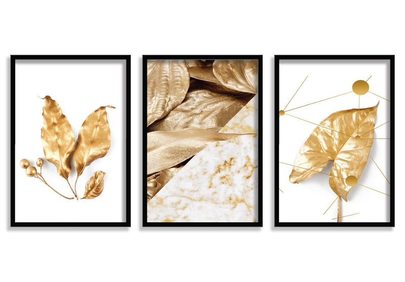 SAF paintings Set of 3 Golden Leaves Wall Painting for Home Decoration SA-BLACKMX33510