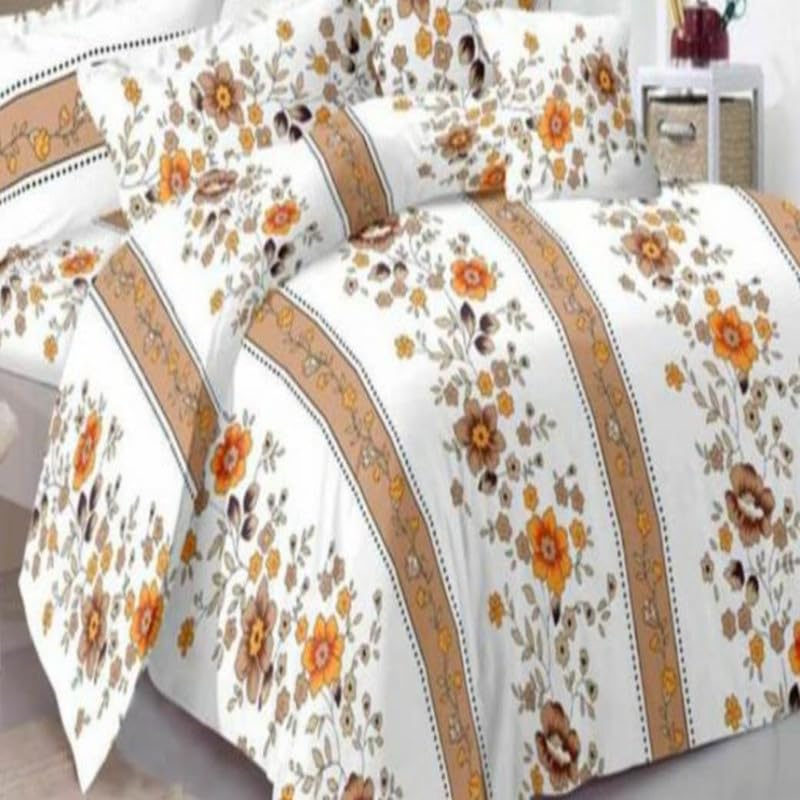 Amvy Creation Prime Collection 160 TC Supersoft Glace Cotton King Size Elastic Fitted Double Bedsheet with 2 Pillow Covers (Multicolour, Size 72 x 78 Inch) - Orange Bail - Gold Fitted