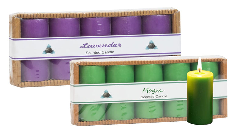 Stone & Feather Combo Pack Lavender & Mogra Aromatic Pillar Candles, Pack of 5, Burning Time- 10-12 Hours, for Home Decoration, Diwali, Christmas, Wedding, Anniversary