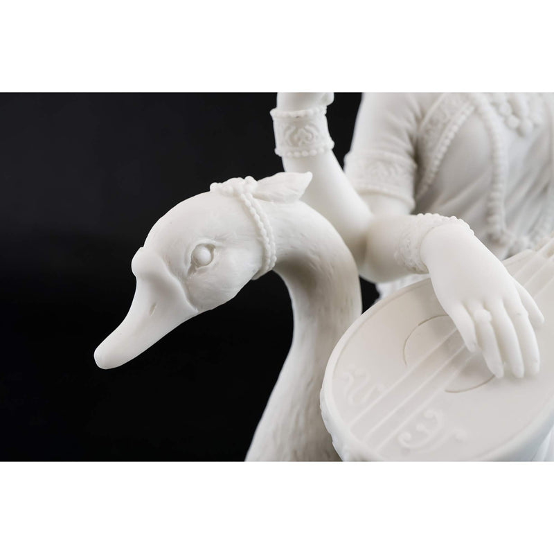 Top Collection 8" H 7" W Saraswati on Swan Statue in White Marble Finish - Hindu Goddess of Knowledge Sculpture