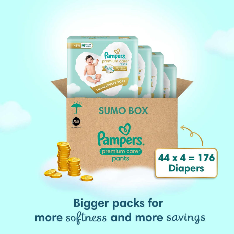 Pampers Premium Care Pants Style Baby Diapers, Large (L) Size, 176 Count, All-in-1 Diapers with 360 Cottony Softness, 9-14kg Diapers