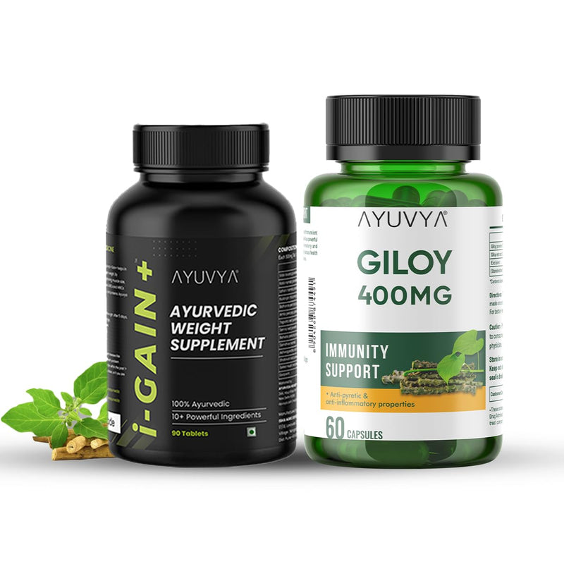 Ayuvya i-Gain+ Weight Gainer & Giloy Capsules | Helps in Increasing Muscle Mass & Strength | Herbal & Natural, Weight Gain Tablets | Giloy 500mg Pure Guduchi Powder & Extract - Immunity Booster & Liver Support Supplement | Combo