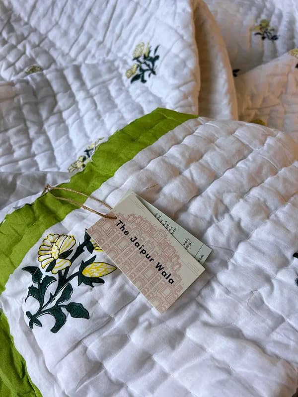 THE JAIPUR WALA Organic Mulmul Cotton Quilt -Green Mint Double Size