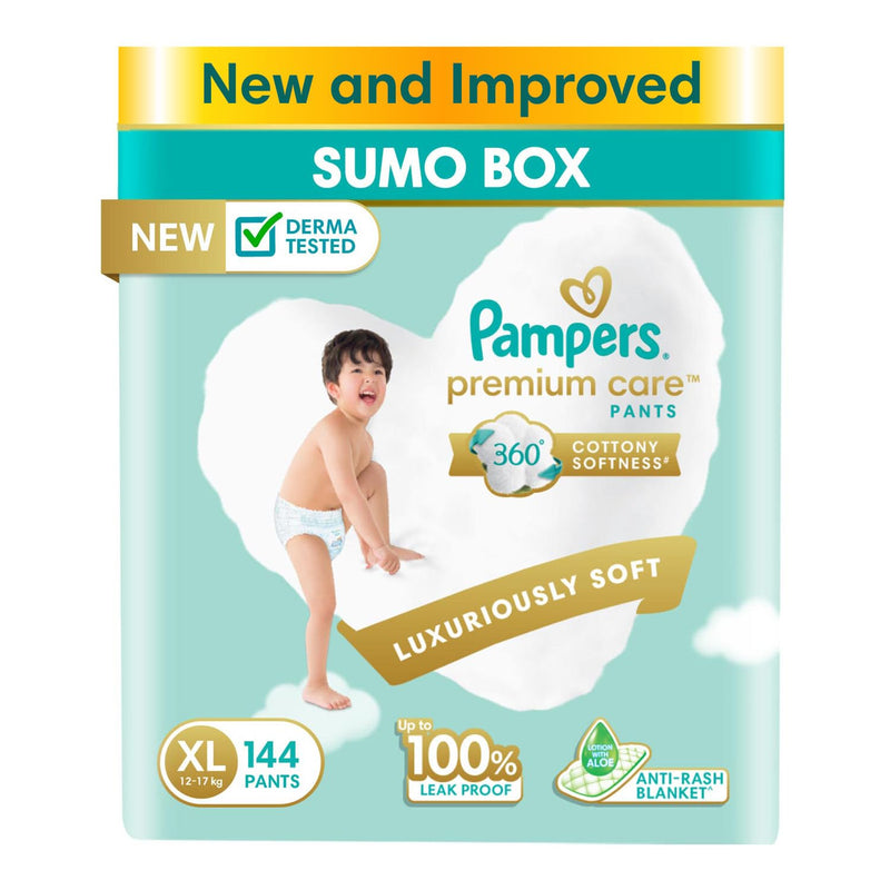 Pampers Premium Care Pants Style Baby Diapers, X-Large (XL) Size, 144 Count, All-in-1 Diapers with 360 Cottony Softness, 12-17kg Diapers