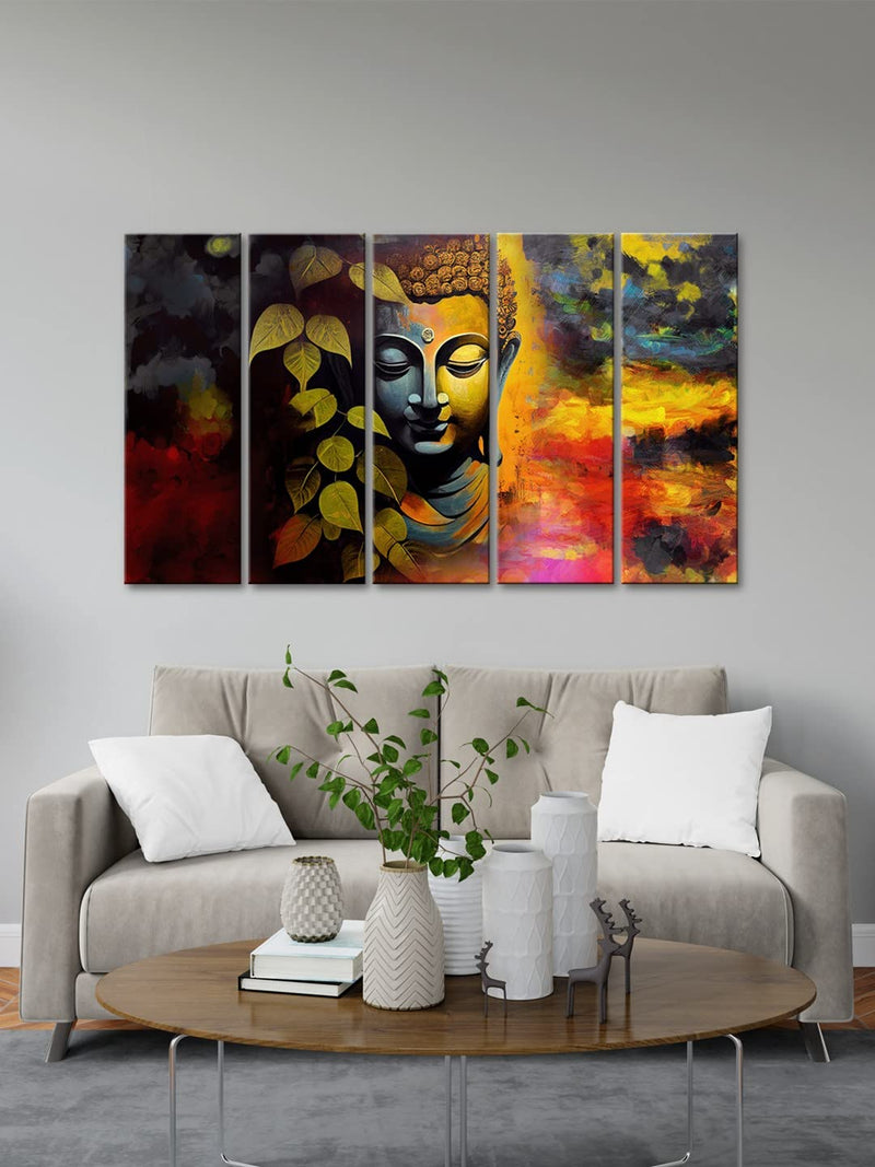 999STORE buddha half face with leaves modern art wall painting art panels (MDF_24X40 Inches) S5Frames041