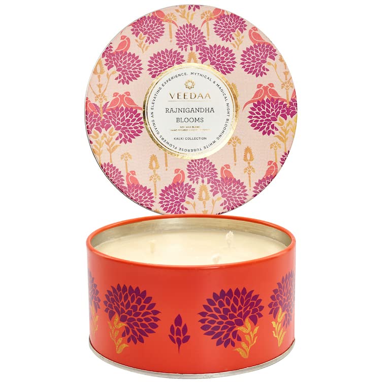 VEEDAA Soy Wax Blend, Essential Oils Rajnigandha Blooms 3 Wick Metallic Tin Soy Scented Candle (Burns 40 Hours)