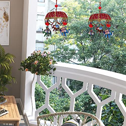 Urbane Home Rajasthani Traditional Windchimes|Handcrafted Latkan|Toran With 5 Decorative Hanging Elephants (Red)